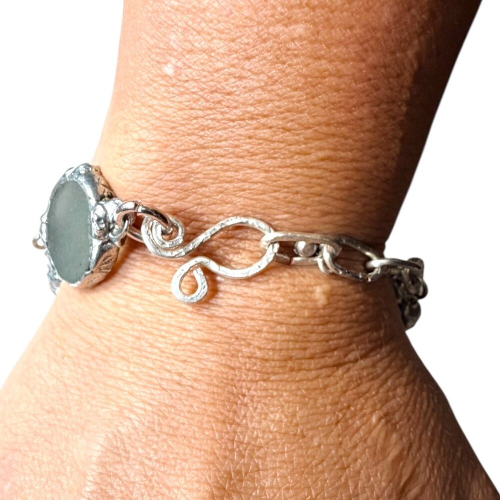 Sea Glass & Silver Blend Artisan Crafted Hammered Bracelet With Unique Findings - Picture 8 of 14
